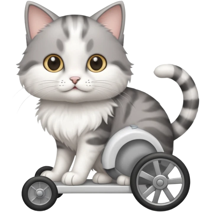 disabled grey and white small cat using a mobility wheel aide for cats emoji