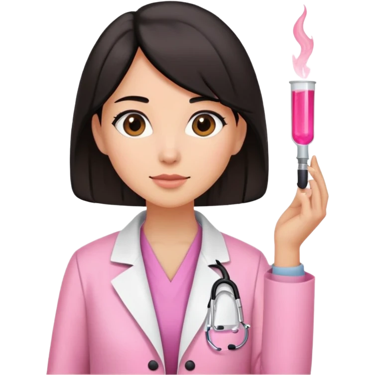 Mulher de cabelos pretos na altura do ombro e de jaleco rosa  emoji