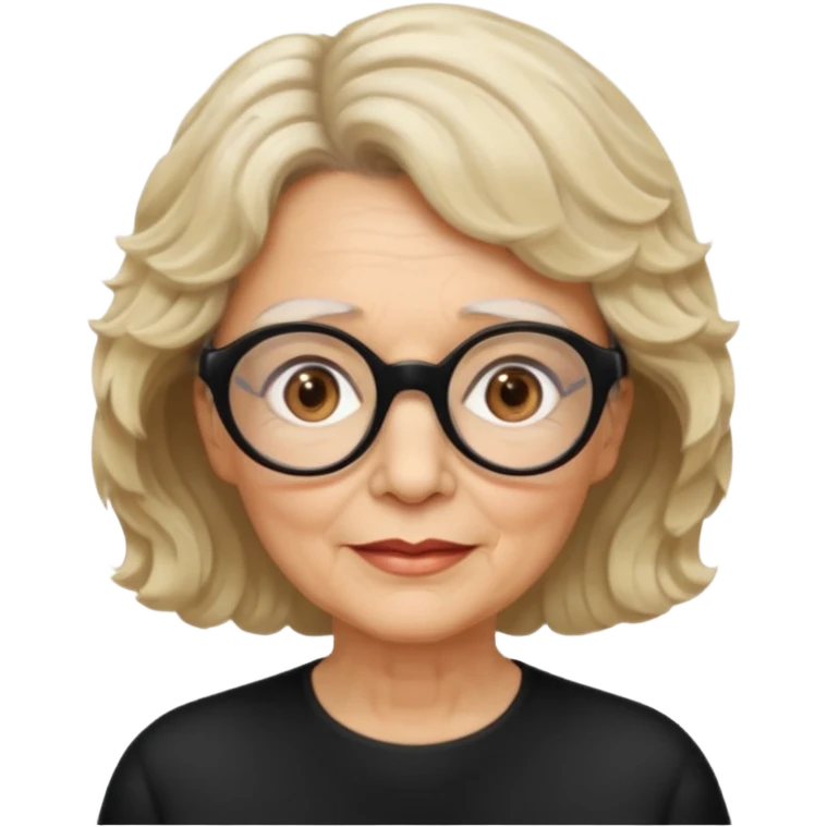 woman 70 years old, short blonde weavy hair, brown eyes and round dark glasses emoji