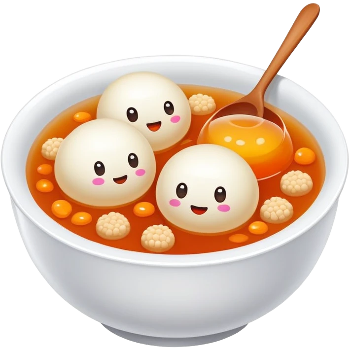 Sweet glutinous rice balls in syrup bowl with sesame, simplified emoji style with bold outlines and bright colors, cartoon style Tangyuan dessert snack emoji