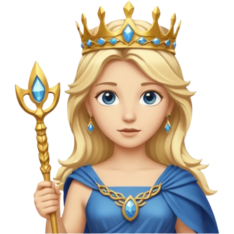 Deesse grecque blonde cheveux mi longs. Yeux bleus. Une couronne de laurier d'or dans les cheveux et septre emoji