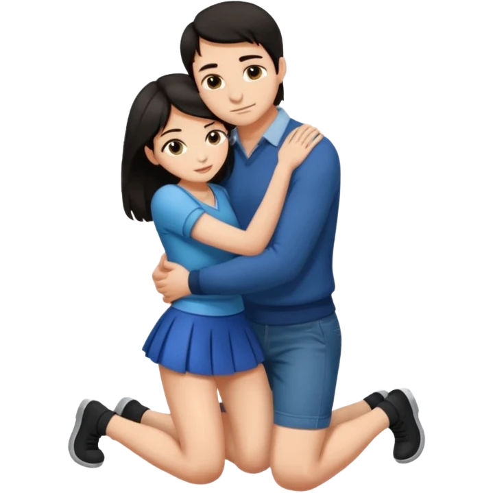 man with dark hair on knees, facing dark haired woman in a micro mini skirt, hugging her waist emoji