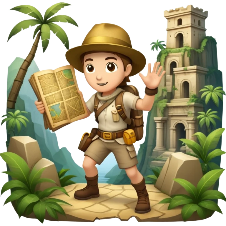An icon featuring an adventurer in a dynamic action pose, with treasure maps, ancient ruins, and jungle landscapes in the background. The design includes clues, hidden passages, and climbing gear, symbolizing the thrill of exploration and discovery. Transparent background. emoji