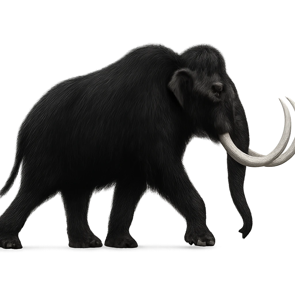 profile side view of a wooly mammoth with black fur and white tusks, walking mid stride, no background emoji