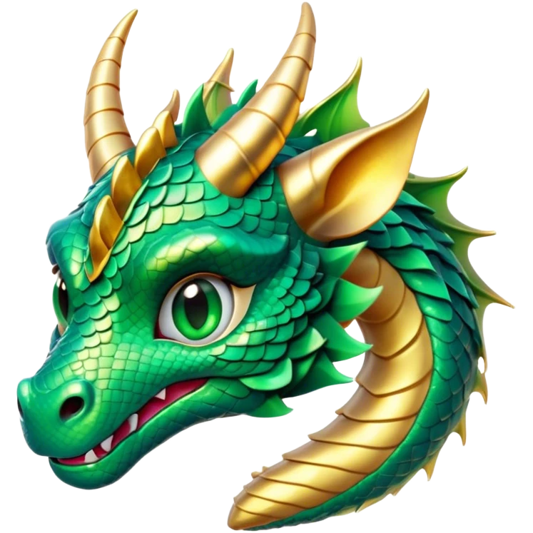 Cinematic Cute Dragon Portrait Emoji, Head tilted playfully and inquisitively, featuring a sleek, serpentine form adorned with iridescent scales that shift between emerald and gold, a delicate set of subtle horns, and round, sparkling eyes full of curious magic; rendered with realistic detail and warm natural light, high shine, affectionate and enchanting, styled with a touch of whimsical fantasy, soft glowing outline, capturing the essence of a mischievous yet lovable dragon that seems poised to slither playfully into your arms! emoji