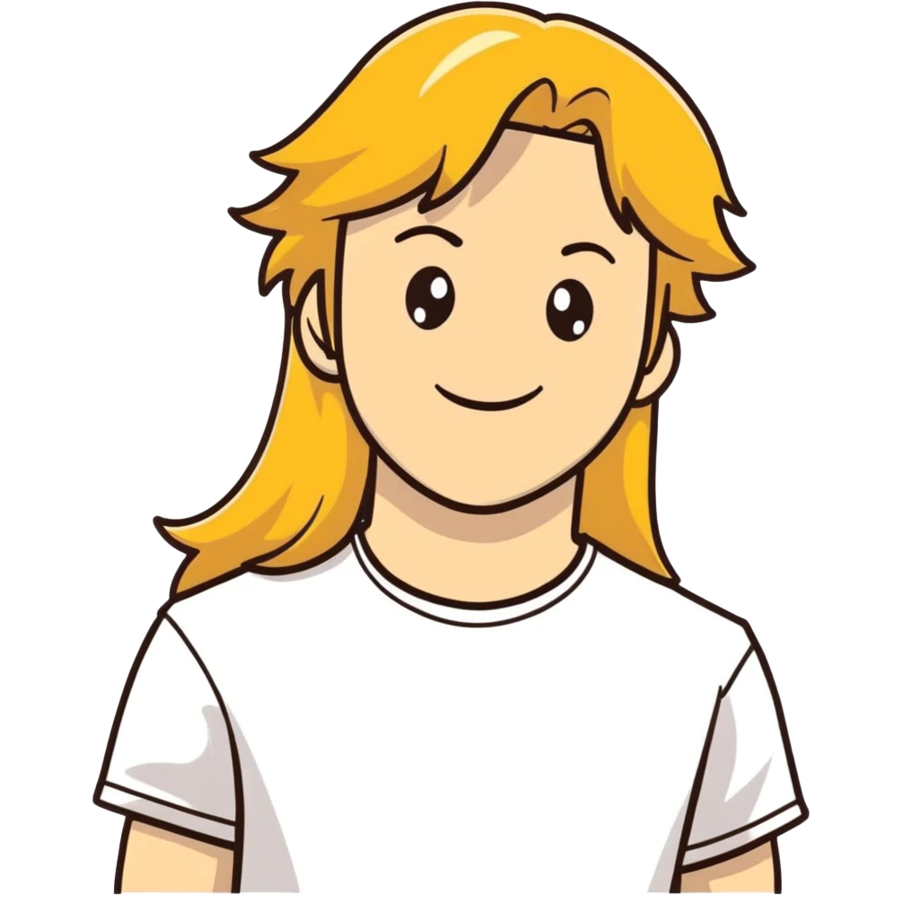 A young man with long golden hair in a white T-shirt smiles emoji