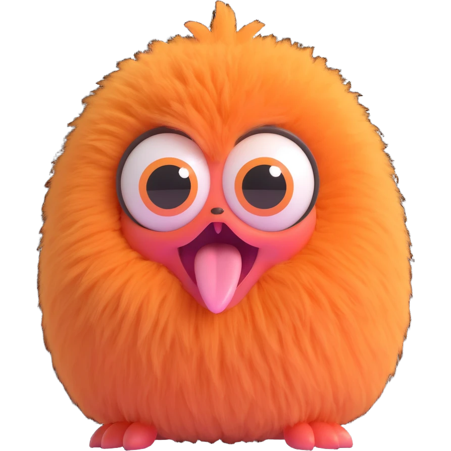 chussel, cute fluffy creature, big eyes, tongue out emoji