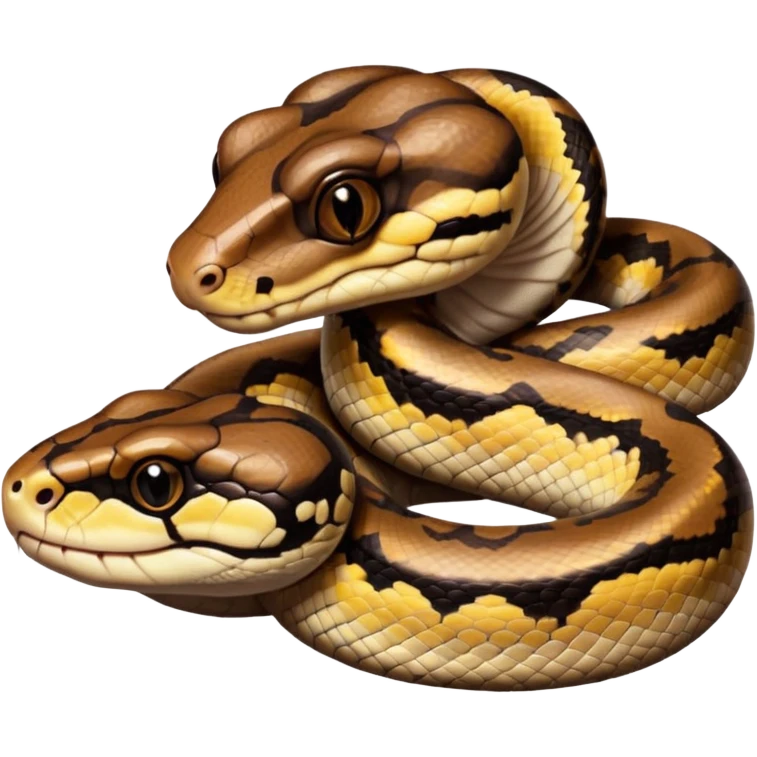 A photo-realistic digital illustration of a Ball Python, large headshot portrait. The snake has a short, rounded snout, smooth contours, and a calm, curious expression. Its head is warm brown with bold, irregular dark markings, including the signature “alien-head” pattern.  emoji