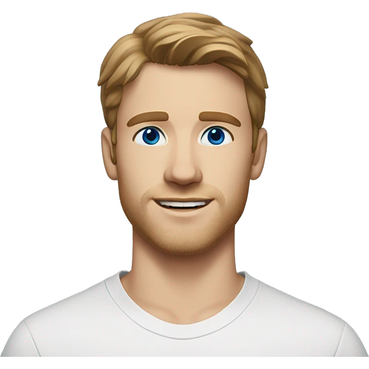 A head and shoulders shot of a 22 year old white man, with short brown hair, with stubble facial hair,   with blue eyes wearing a t-shirt. emoji