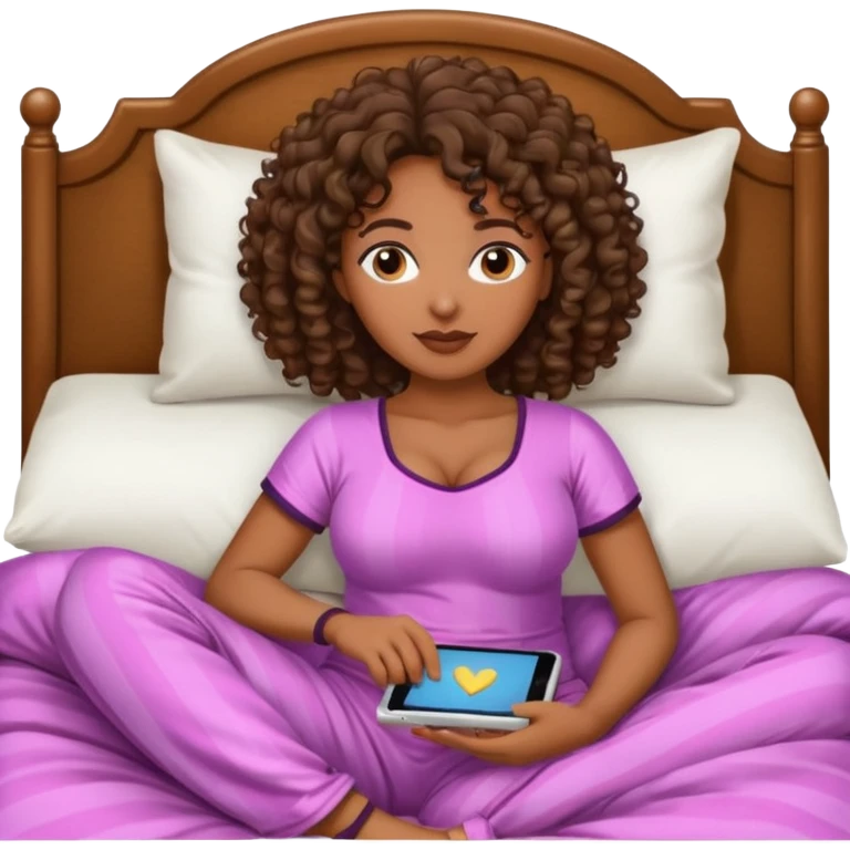 black woman bigger breast emoji curly hair darker. make her a little older. make her lying down in bed. bigger breasts black clothes. make it like a strap pajamaa emoji