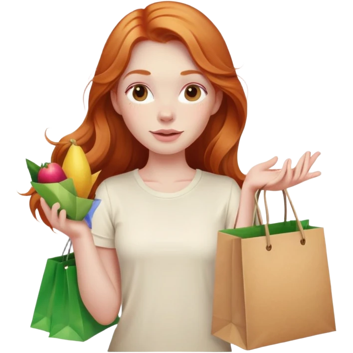 Beautiful Shopping ginger girl pink cheeks long hair holding bags cream shirt emoji