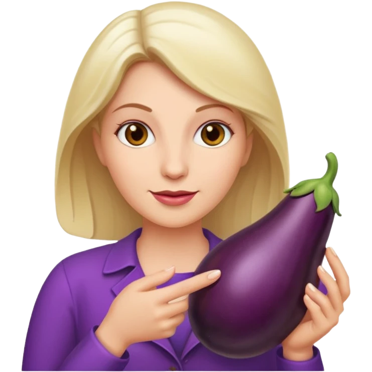 White woman holding an aubergine emoji