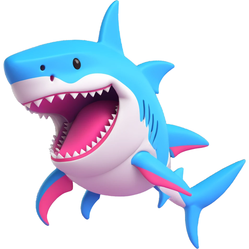 3D cartoon style emoji of a shark, video game inspired, the shark looks like it's buzzing or glitching, cheerful and animated emoji