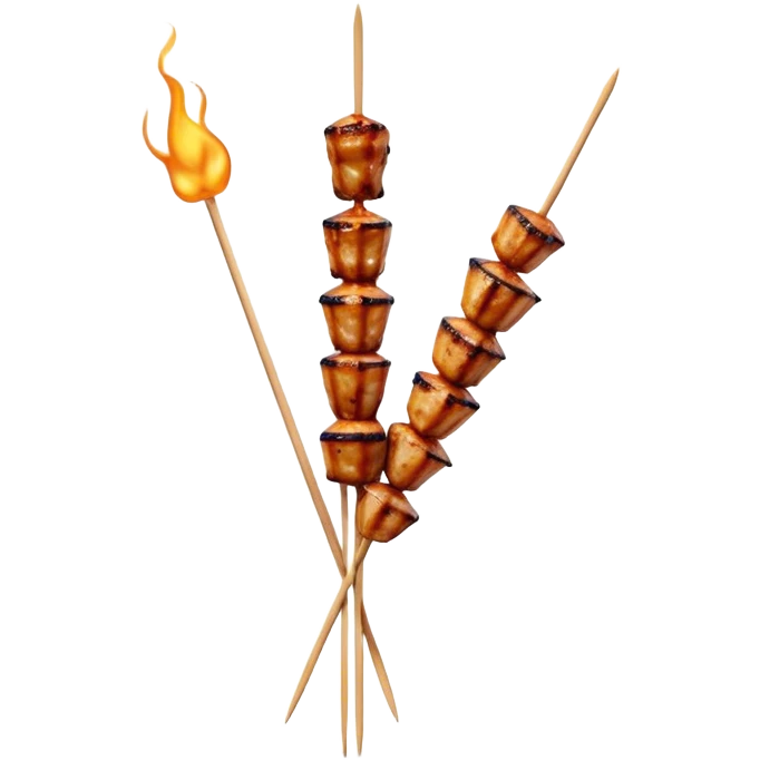 Cinematic Realistic Satay Dish Emoji, depicted as skewered, marinated meat grilled to perfection rendered with rich, smoky textures and dynamic, appetizing lighting. emoji