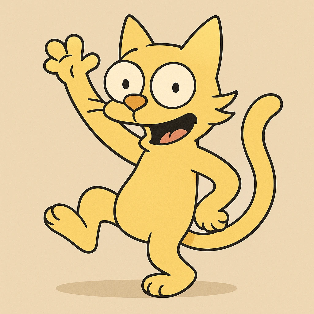 cat in the style of The Simpsons, playful pose, yellow fur, cartoonish, big eyes, simple background emoji