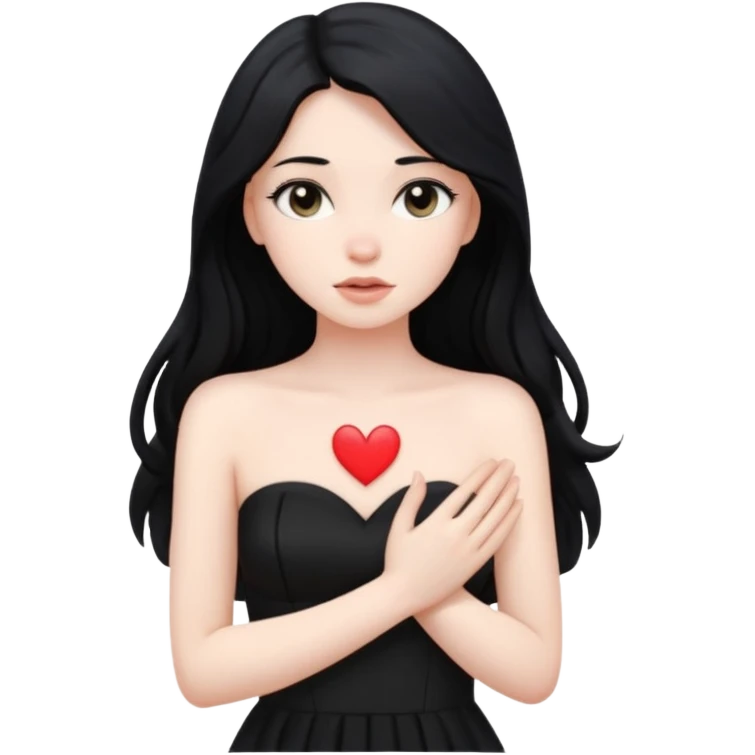 Pale girl with long black hair and black strapless dress with hands over her heart emoji