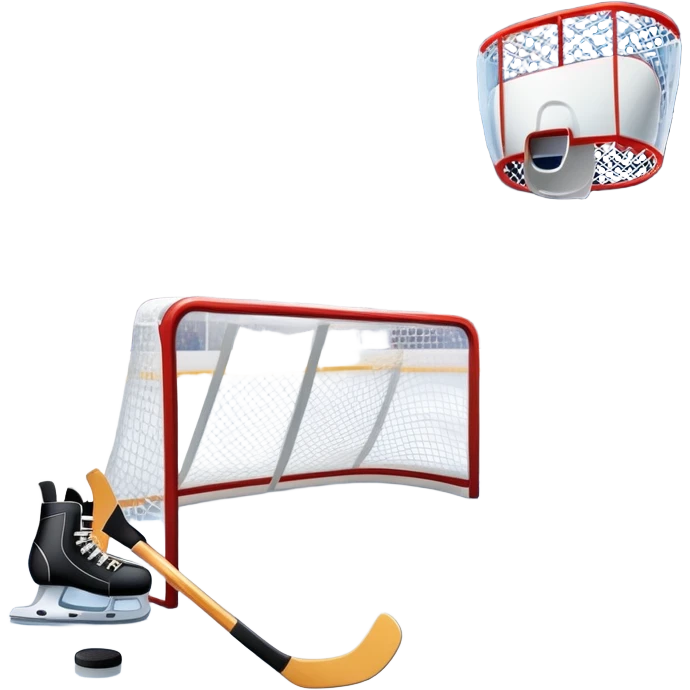 An icon showing a close-up of a hockey stick, puck, skates, and hockey net placed on the ice. The background features a packed stadium with bright lights, cheering fans, and snowy scenery outside. Transparent background highlights the key elements of the game. emoji