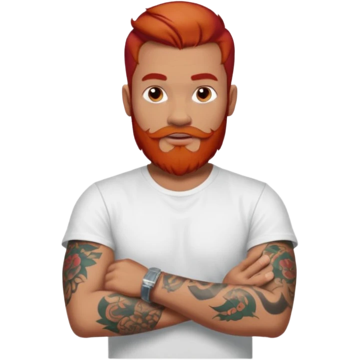 a guy with red beard red hair slick back white tshirt and tattoos oldschool on his arms emoji