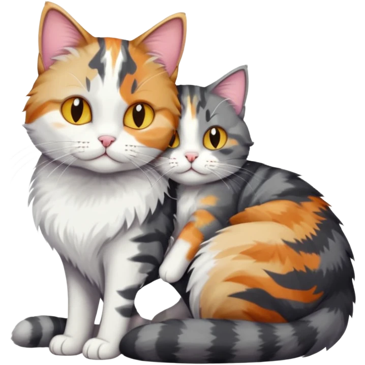 full body colourful light patched calico + white tabby cat cuddling a bigger cat that is dark grey and white tabby cat  and they are in love emoji