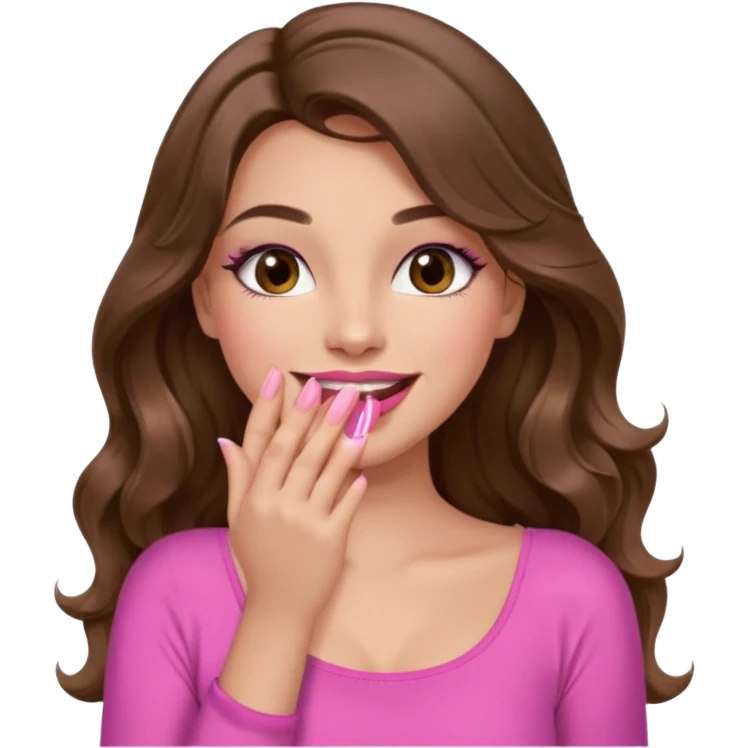 girl with long wavy brown hair, brown eyes, long lashes makeup, pink lips, light to medium complexion, pink sexy top, smiling, hand covering the mouth, giggling emoji