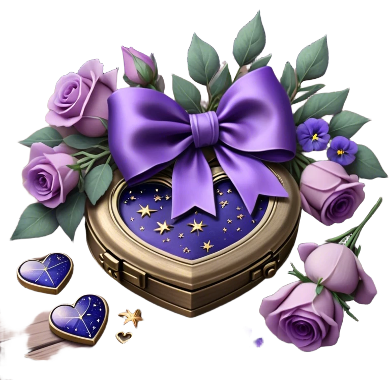 A midnight purple silk bow wraps around a bundle of wilted lavender sprigs, velvety pansies, and blush-violet roses, resting on an aged wooden table. Nearby, an antique silver locket shaped like a heart, engraved with tiny celestial stars, glistens faintly under the dim candlelight. emoji
