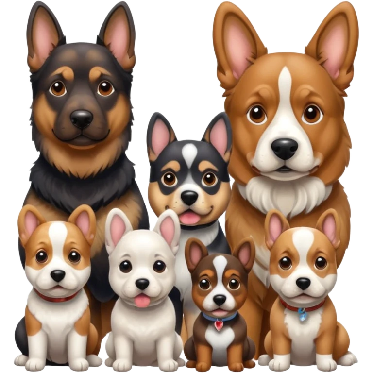 1 german shephard, 1 bulldog, 1 poodle, 1 husky, 1 dachshund emoji