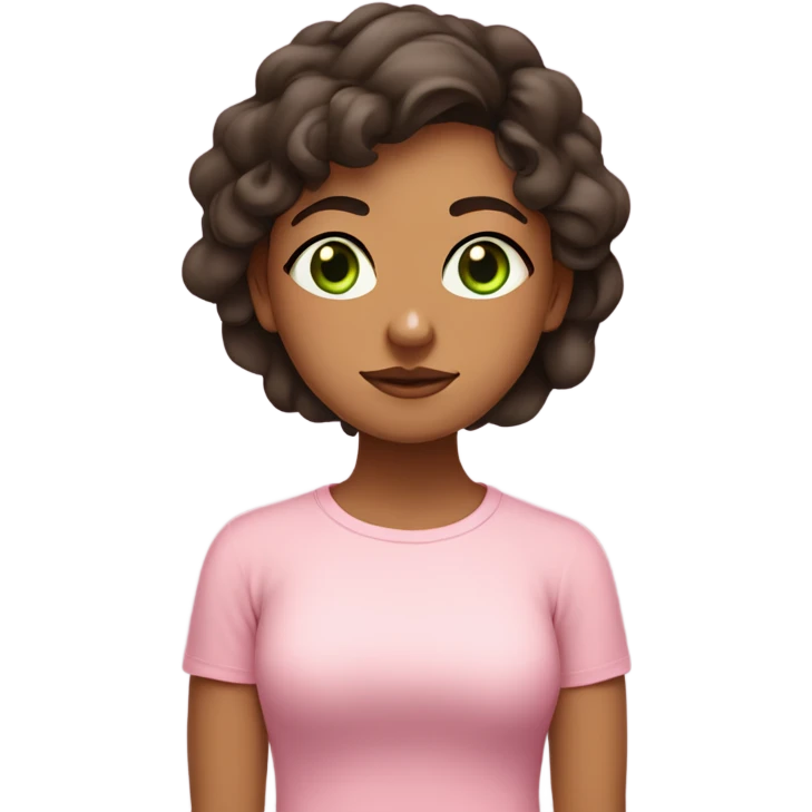 green eyed olive skin girl with dark brown wavy hair wearing pastel pink shirt meditating  emoji