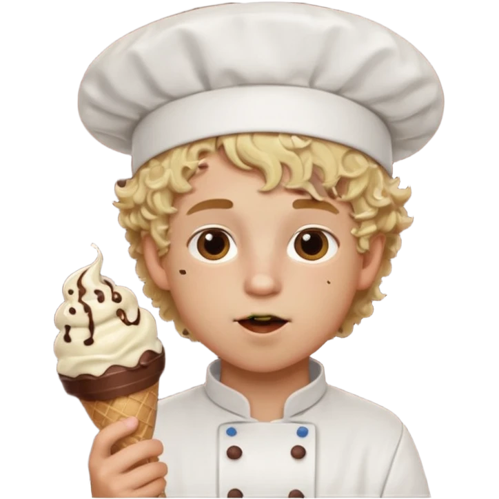 boy blonde curly hair, chef, eating chocolate ice cream emoji