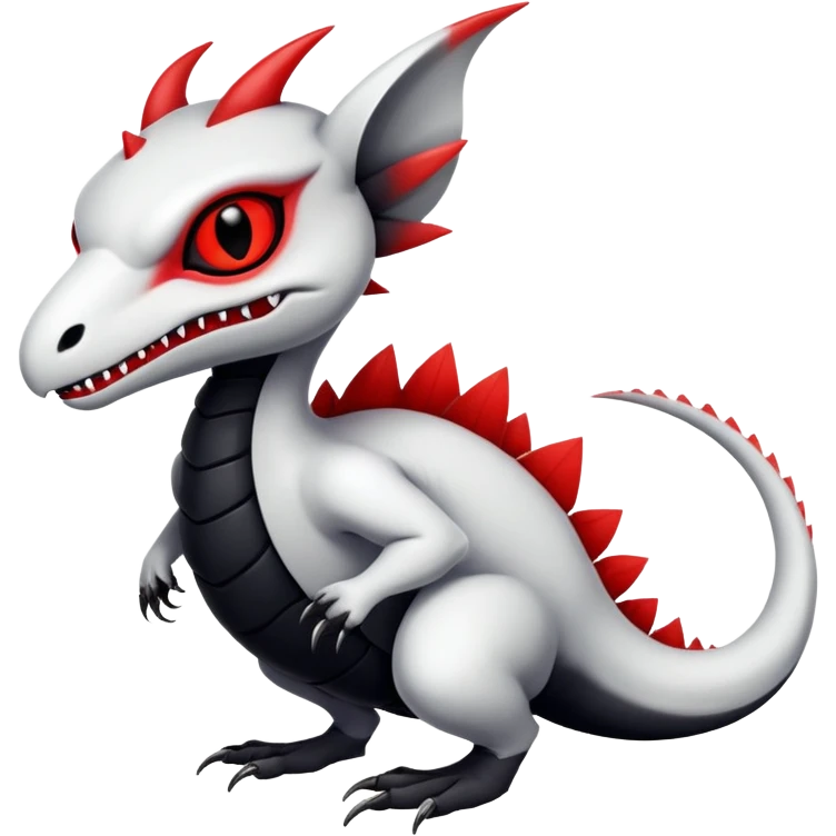 a white exotic edgy vernid-fionbr-Fakémon-creature, with black belly and red eyes, full body emoji