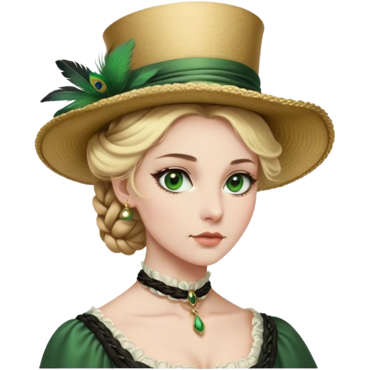 lady with Pale complexion, sharp features, high cheekbones, Blonde hair, usually styled in regancy braided updo, green eyes accessorized with a feathered hat, old england style emoji