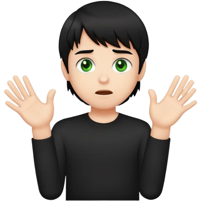 Black-haired boy with front bangs, green eyes, black shirt, hands up in a confused emoji pose emoji