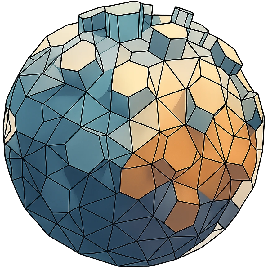 a sphere made of polygons, transparent wireframe, the hexagons are extruded to random heights all over the surface of the sphere, high degree of randomness emoji