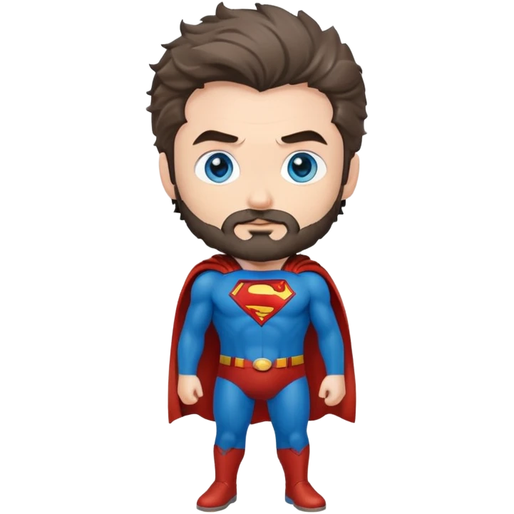 flying superman，full body, blue eyes, Irish brownish messy hair, trimmed facial hair emoji