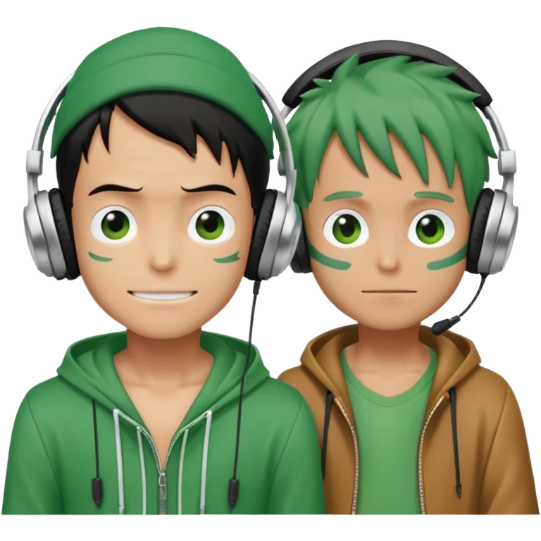 Green Luffy and green Alastor wearing headphones listening to music together emoji