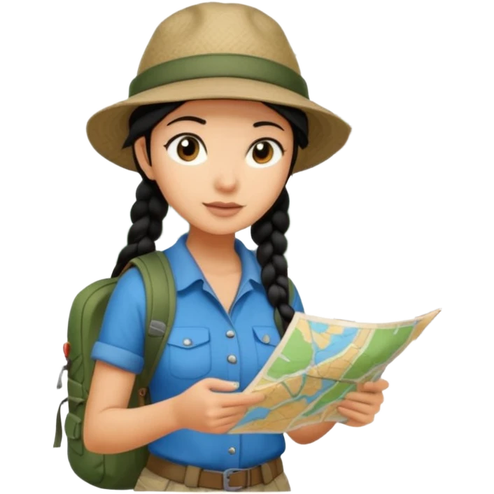 A braid black hair backpacking woman checking her map with curious eyes while walking in the woods with camping hat full body emoji