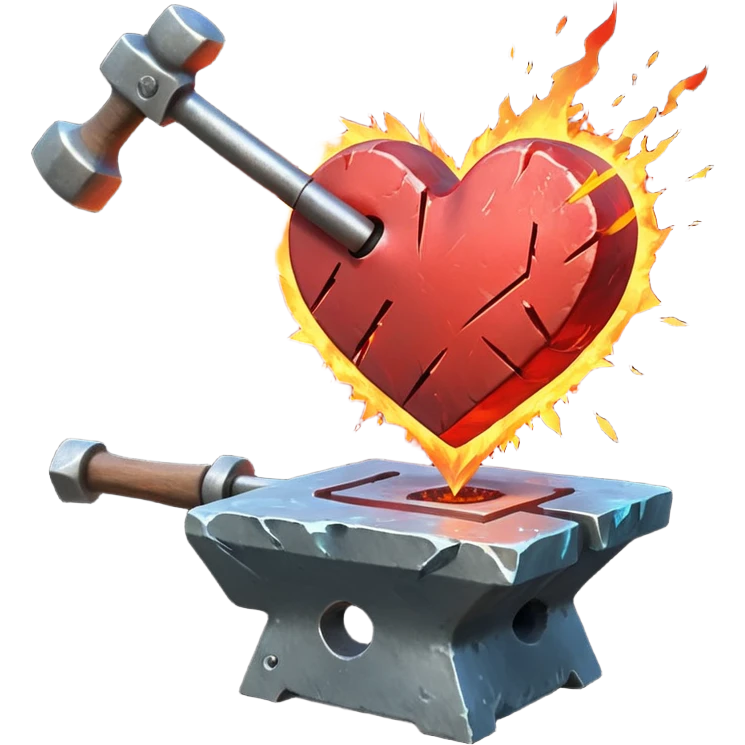 Heart being reforged on an anvil, sparks frozen mid-air emoji