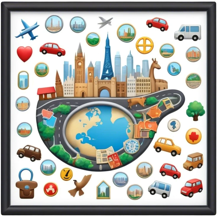 Icon for Magnet Collecting: a magnetic board on a wall displaying a collection of various magnets from different places, featuring cities, animals, and symbols. The icon should evoke the joy and uniqueness of a diverse magnet collection. Transparent background. emoji