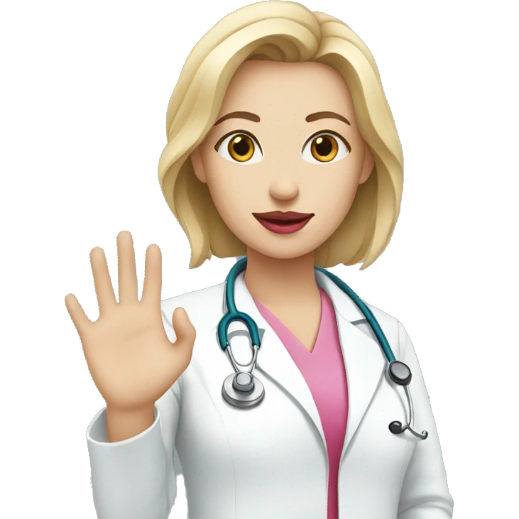  white female doctor with pink lips shows hand emoji