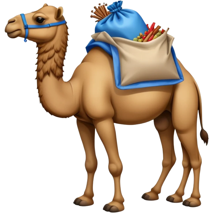 a camel with a blue sack with spices on his back emoji