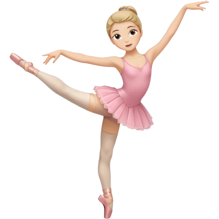 Una chica con vestuario de bailarina con las piernas flexionadas, el dedo índice en la boca, el tren superior inclinado hacia la izquierda y con la cadera proyectada hacia la izquierda emoji