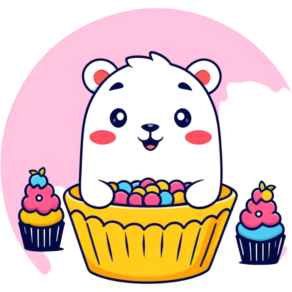 laughing bear floating in a party ring with mini cupcakes emoji