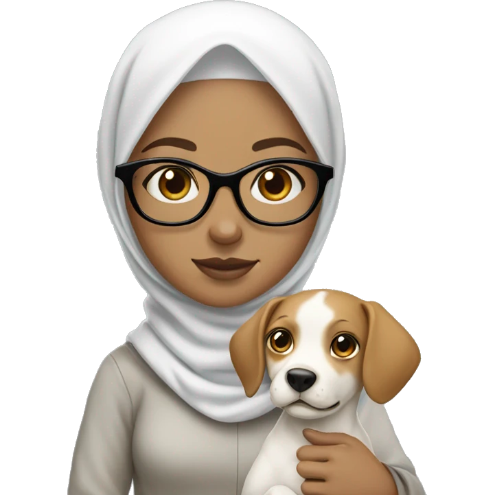 White hijab girl with white skin color, and with glasses on holding a dog emoji