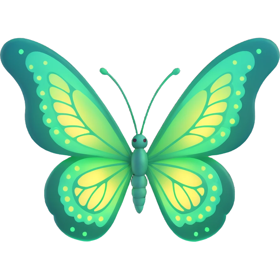 elegant enchanted butterfly in vibrant green #c0ff53, luminous wings, soft glow, magical light bursts, shimmering particles, floating gracefully, transparent background, 3D cartoon digital fantasy art style emoji