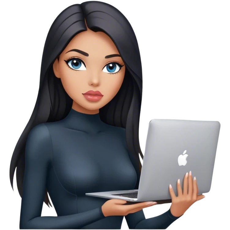 Glamours, tanned, very beautiful girl, with big pump peach-beige-rose lips, black straight smooth silky long hair, straight parting, blue-grey eyes, in black bodysuit holding MacBook emoji