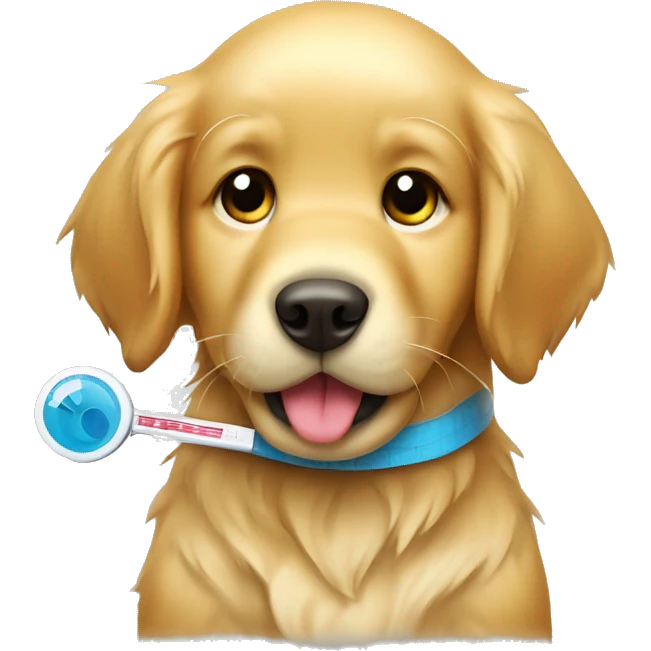 Sick golden retriever puppy with thermometer in mouth  emoji