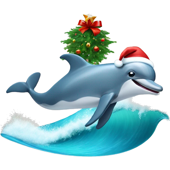 Dolphin riding a wave holding a Christmas tree emoji