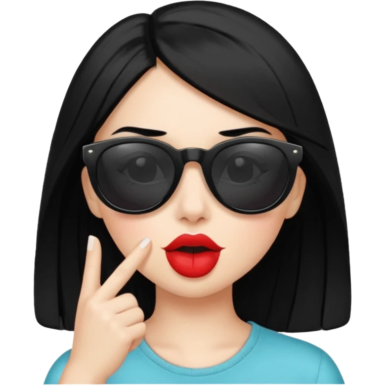 White girl with sunglasses and black hair saying shhhh emoji