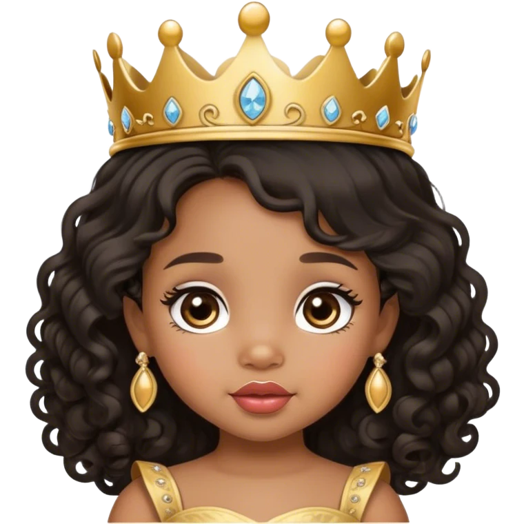 princess, medium brown skin tone, very adorable toddler, with big plump lips, long long lashes, black curly long hair, brown eyes, gold tiara emoji