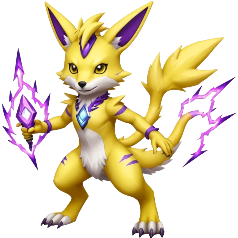 Furry Anthropomorphic Yellow Renamon-Zeraora-Toxtricity-Pokémon-Digimon-Fakémon-fusion with purple lightning-bolt-markings, and facial markings emoji