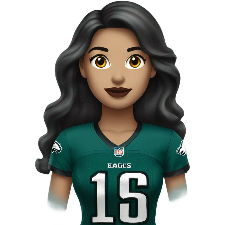 White female long dark hair red lips wearing Philadelphia Eagles jersey emoji